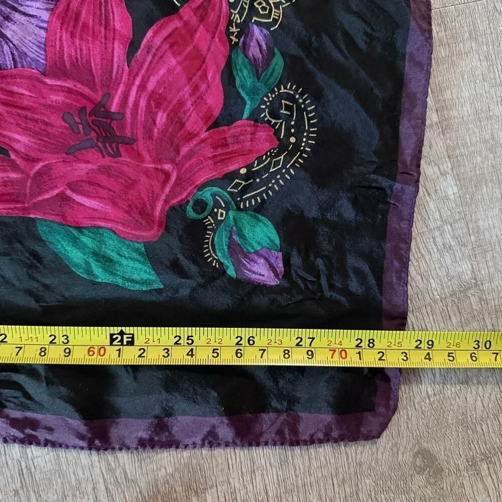 Vintage VTG The Specialty House Black Floral  Square Scarf Silk Mandala